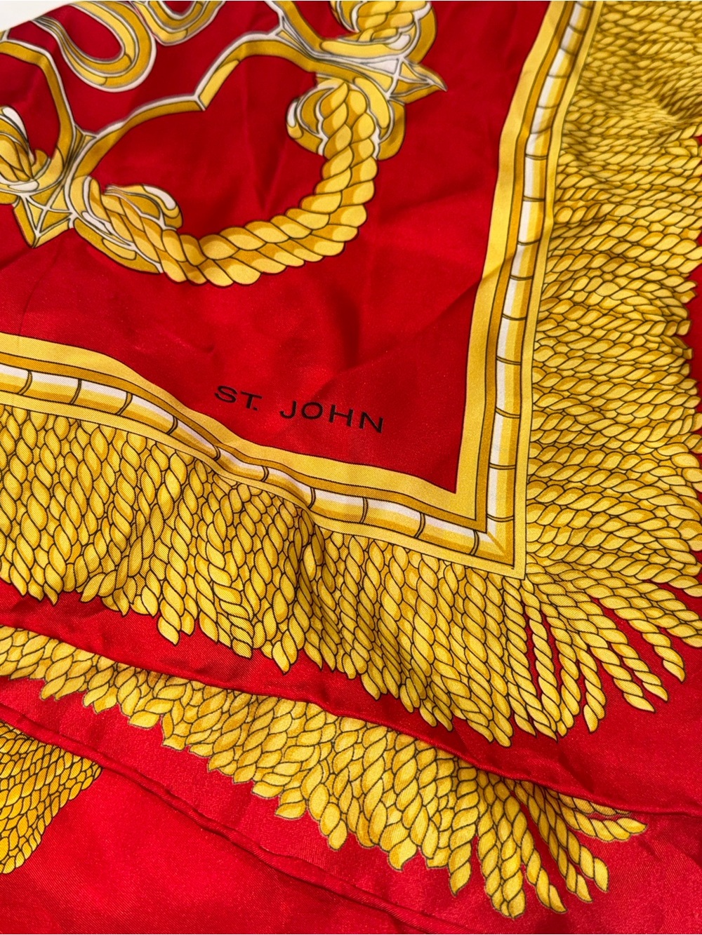 St. John Red & Gold Silk Scarf Sarong Wrap bathing suit cover up Head Scarf
